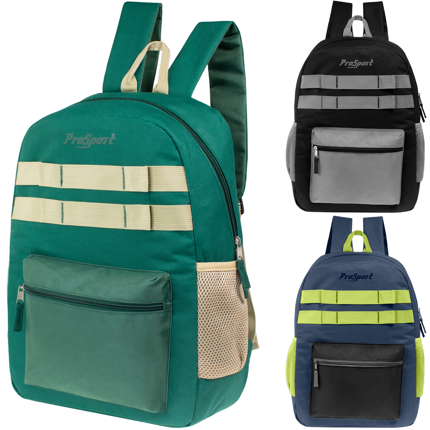 17" Multi Color Wholesale Backpacks with Mesh Side Pockets - Bulk Case of 24 ($8.80 / UNIT - ITEM: DWBP-322-24)