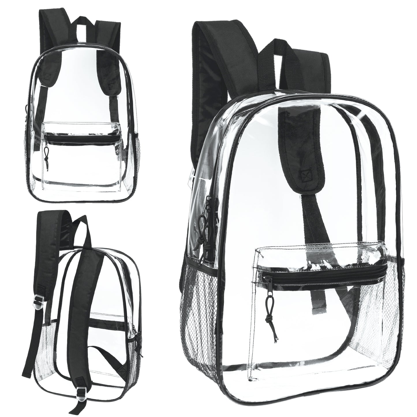 17" Wholesale Clear Backpacks with Black Trim - Bulk Case of 24 ($8.50 / UNIT - ITEM: DWBP-183-24)