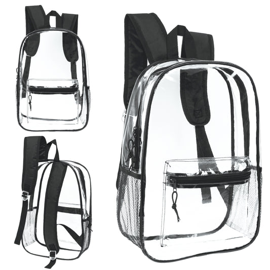 17" Wholesale Clear Backpacks with Black Trim - Bulk Case of 24 ($8.50 / UNIT - ITEM: DWBP-183-24)