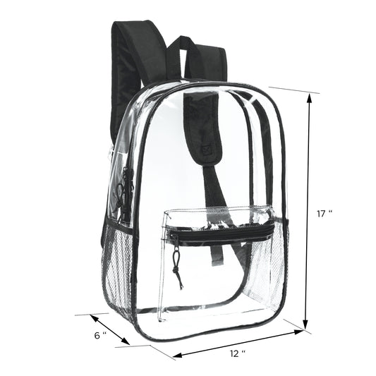 17" Wholesale Clear Backpacks with Black Trim - Bulk Case of 24 ($8.50 / UNIT - ITEM: DWBP-183-24)