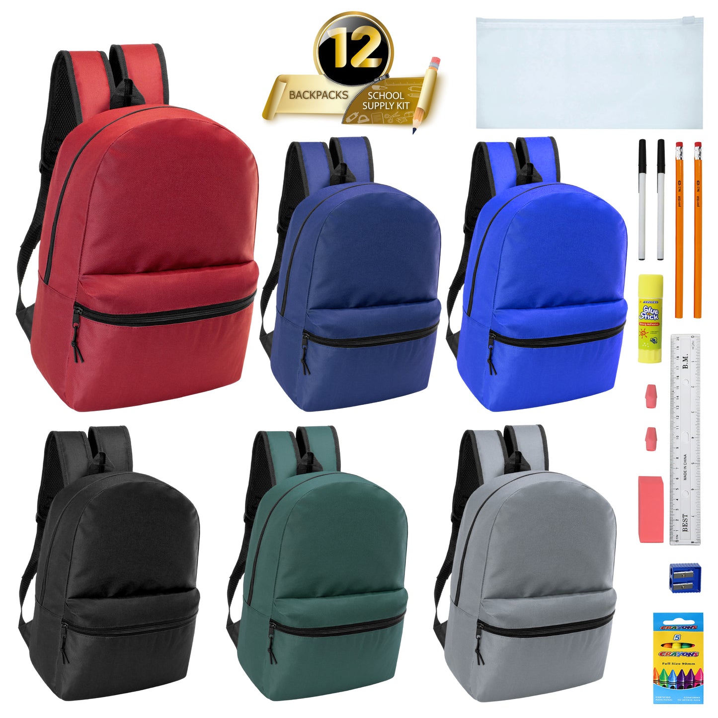 12 Basic 18.5" Wholesale Backpacks in 6 Colors & 12 Bulk School Supply Kits | Choose Your Kit