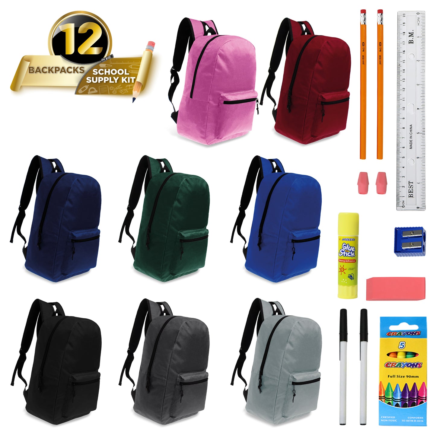 15" Basic Wholesale Solid Color Backpacks for Kids & 12 Bulk School Supply Kits | Choose Your Kit