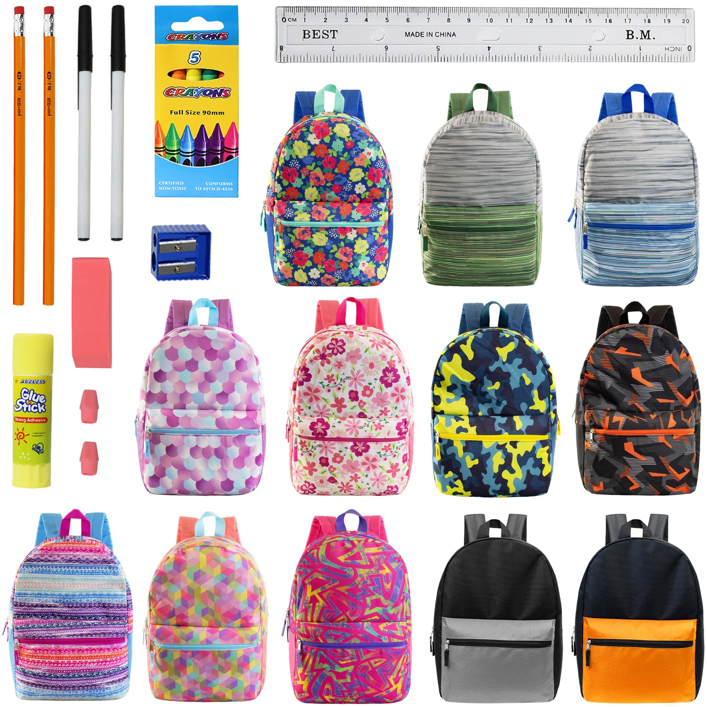 Patterned 17" Wholesale Backpacks in Assorted Prints & 12 Bulk School Supply Kits | Choose Your Kit