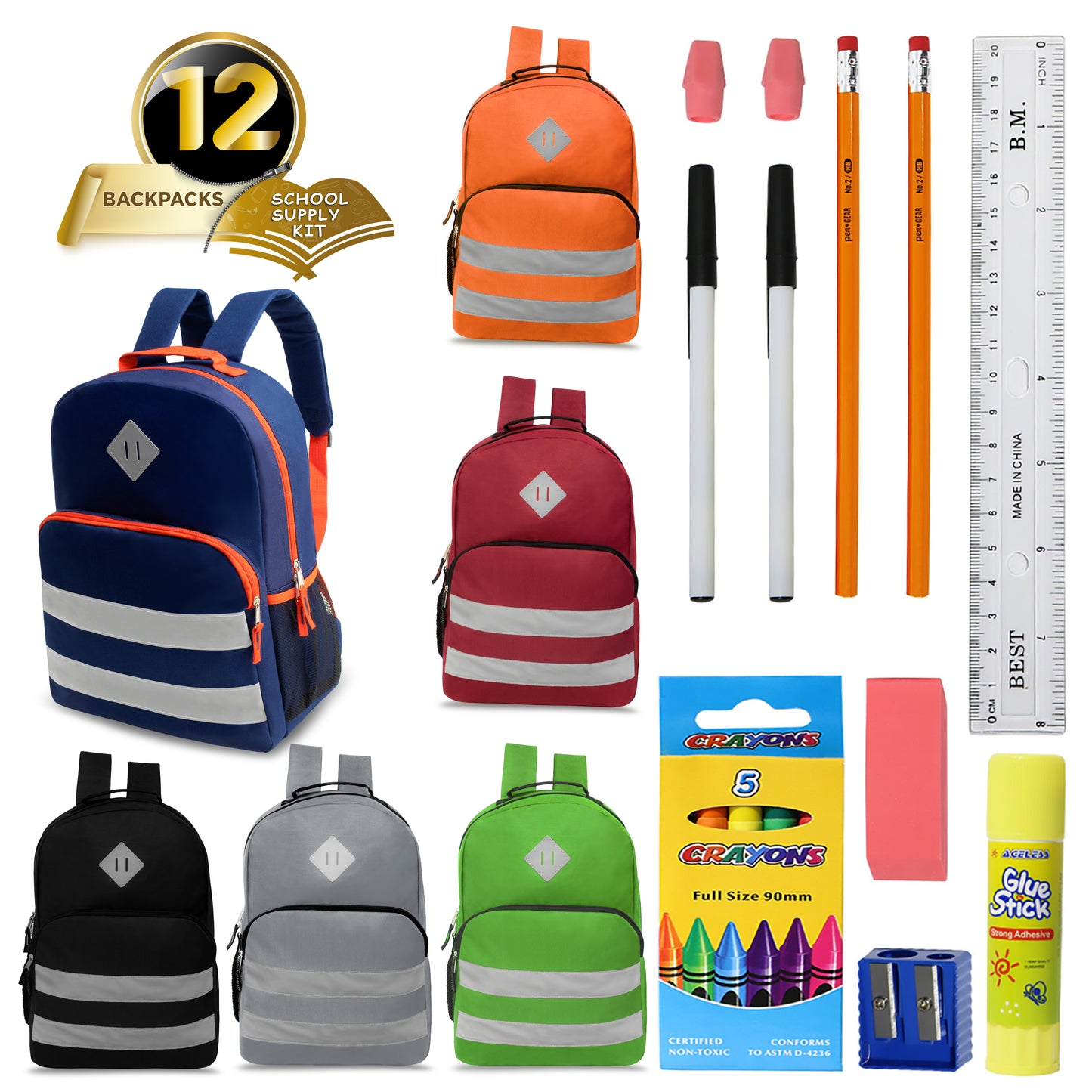17" Reflective Stripe Wholesale Backpacks in 6 Colors & 12 Bulk School Supply Kits | Choose Your Kit