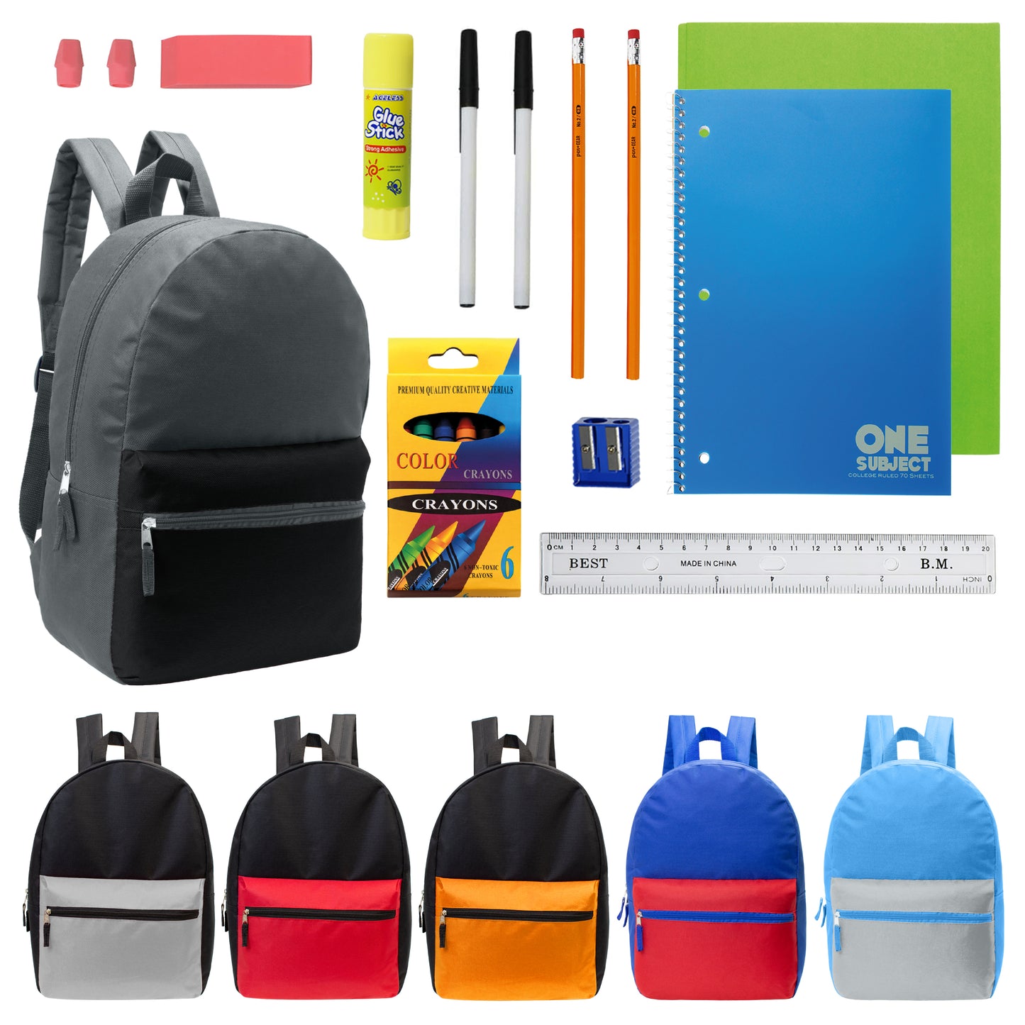 17" Multi Color Wholesale Backpacks for Boys & 12 Bulk School Supply Kits | Choose Your Kit