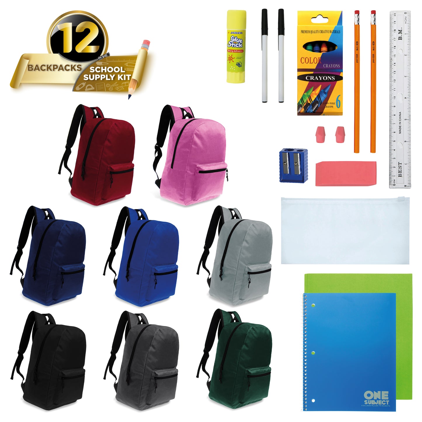 15" Basic Wholesale Solid Color Backpacks for Kids & 12 Bulk School Supply Kits | Choose Your Kit