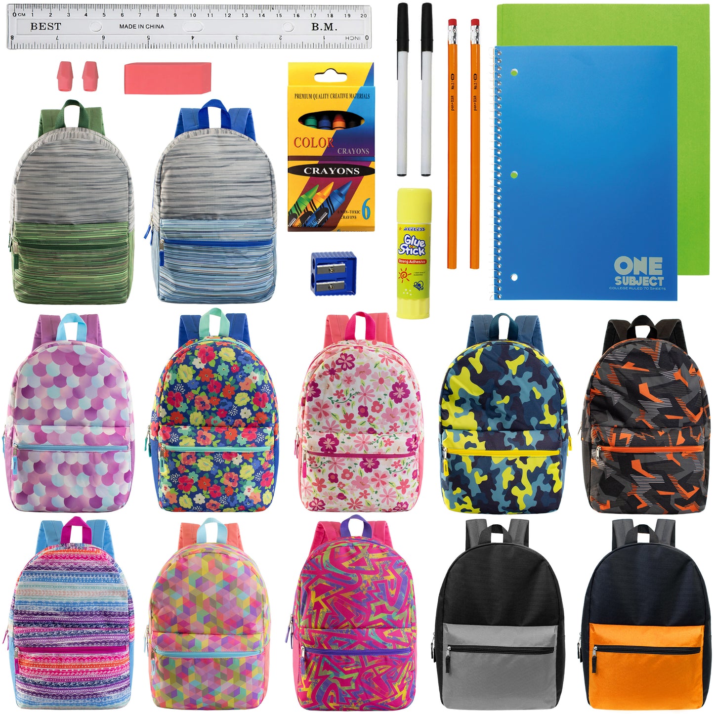 Patterned 17" Wholesale Backpacks in Assorted Prints & 12 Bulk School Supply Kits | Choose Your Kit