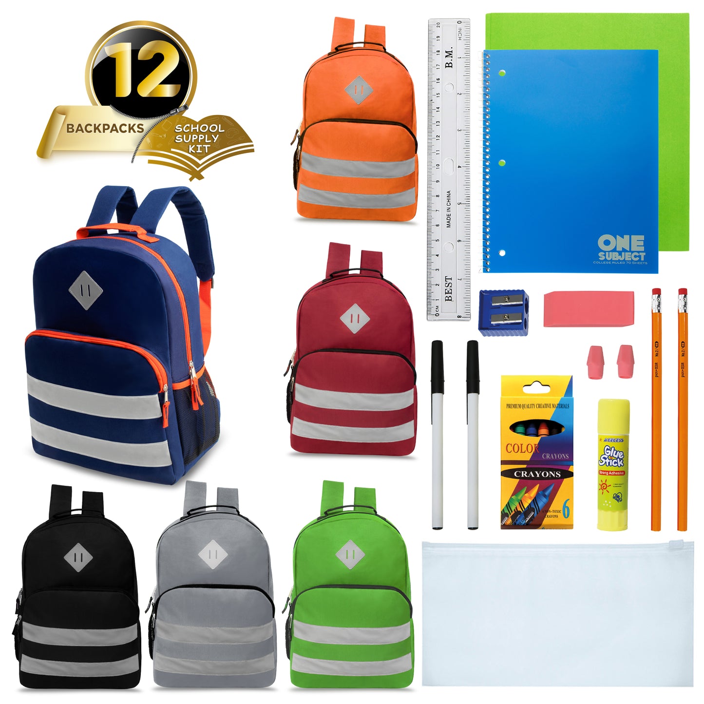 17" Reflective Stripe Wholesale Backpacks in 6 Colors & 12 Bulk School Supply Kits | Choose Your Kit