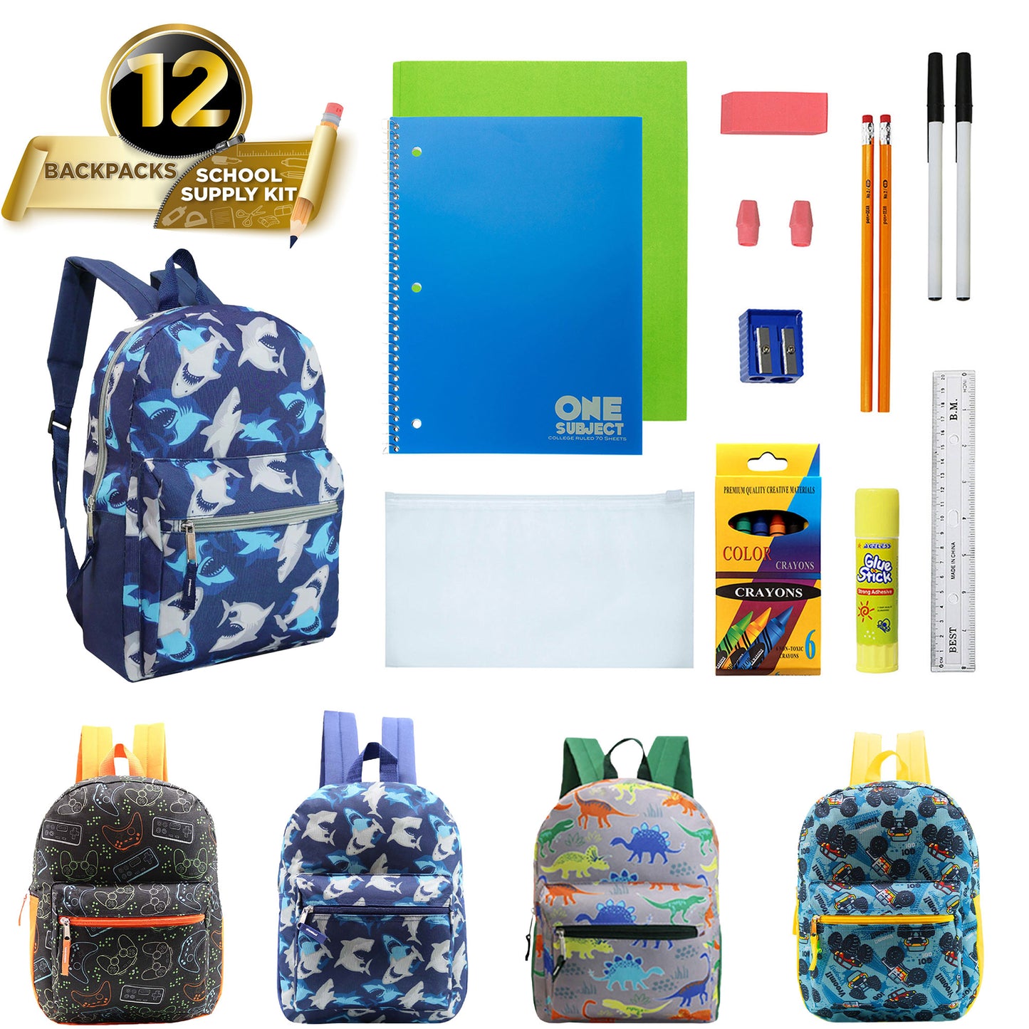 15" Boys Patterned Elementary School Wholesale Backpacks & 12 Bulk School Supply Kits | Choose Your Kit