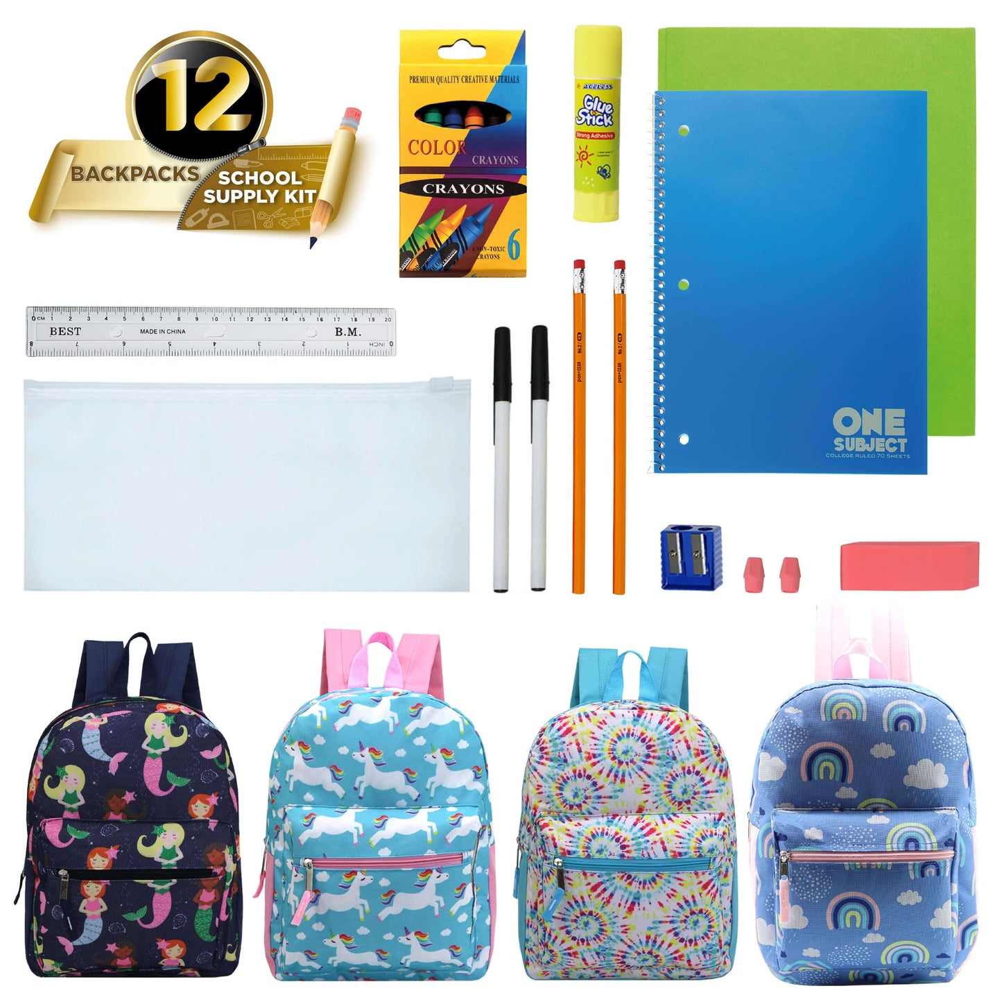 15" Girls Patterned Elementary School Wholesale Backpacks & 12 Bulk School Supply Kits | Choose Your Kit