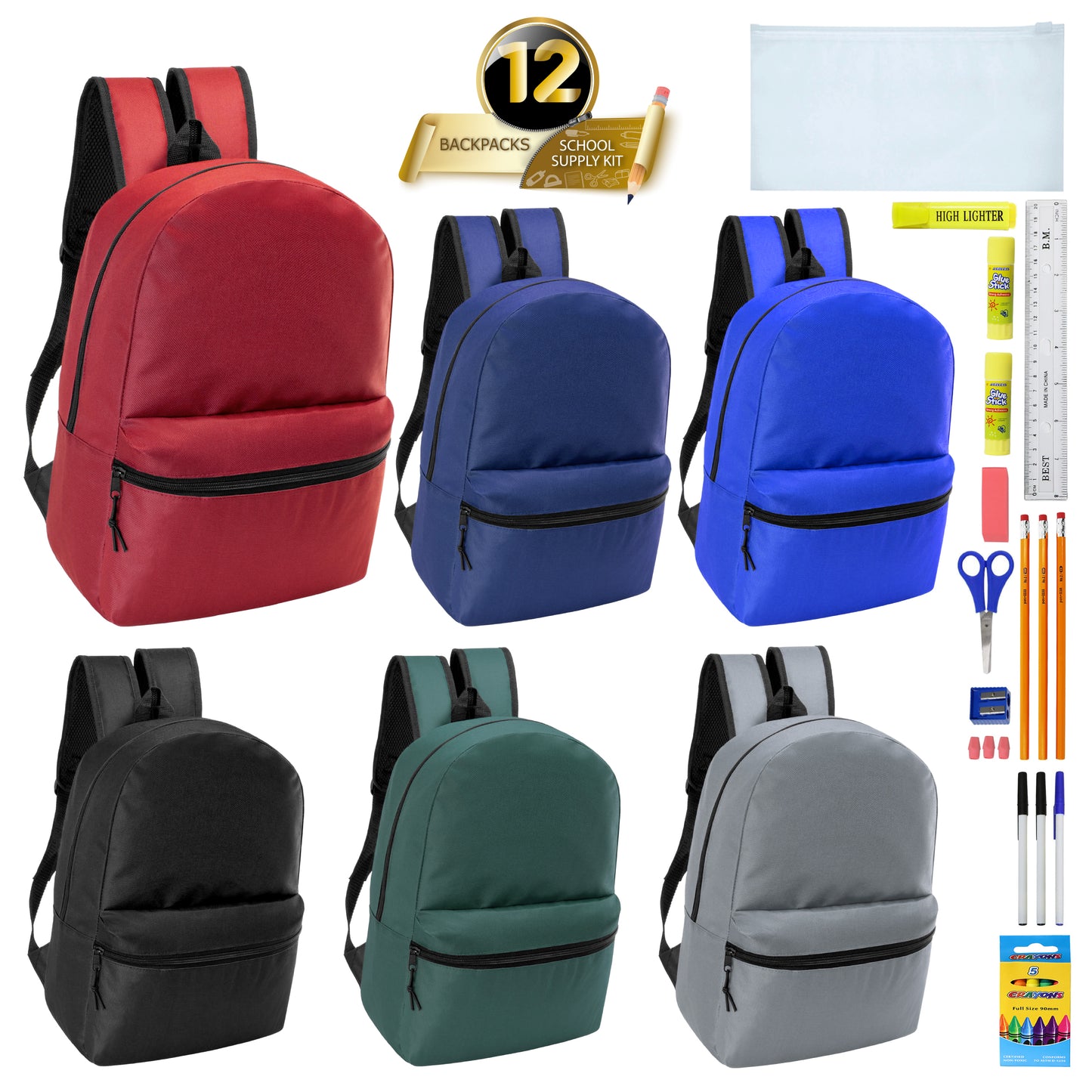 12 Basic 18.5" Wholesale Backpacks in 6 Colors & 12 Bulk School Supply Kits | Choose Your Kit