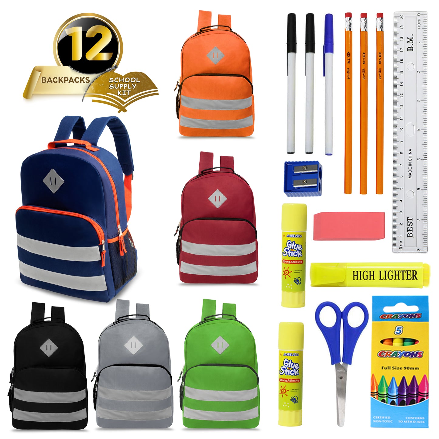 17" Reflective Stripe Wholesale Backpacks in 6 Colors & 12 Bulk School Supply Kits | Choose Your Kit