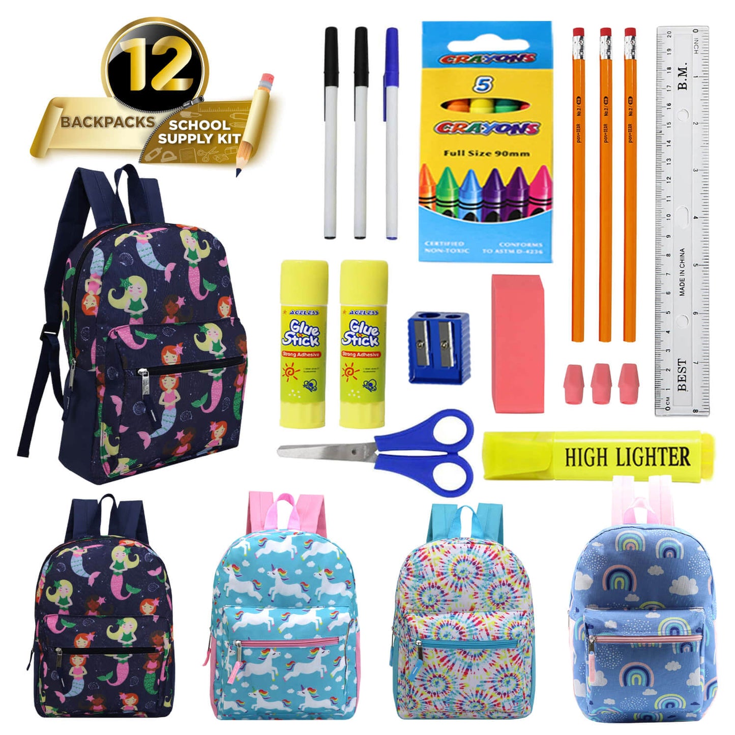 15" Girls Patterned Elementary School Wholesale Backpacks & 12 Bulk School Supply Kits | Choose Your Kit
