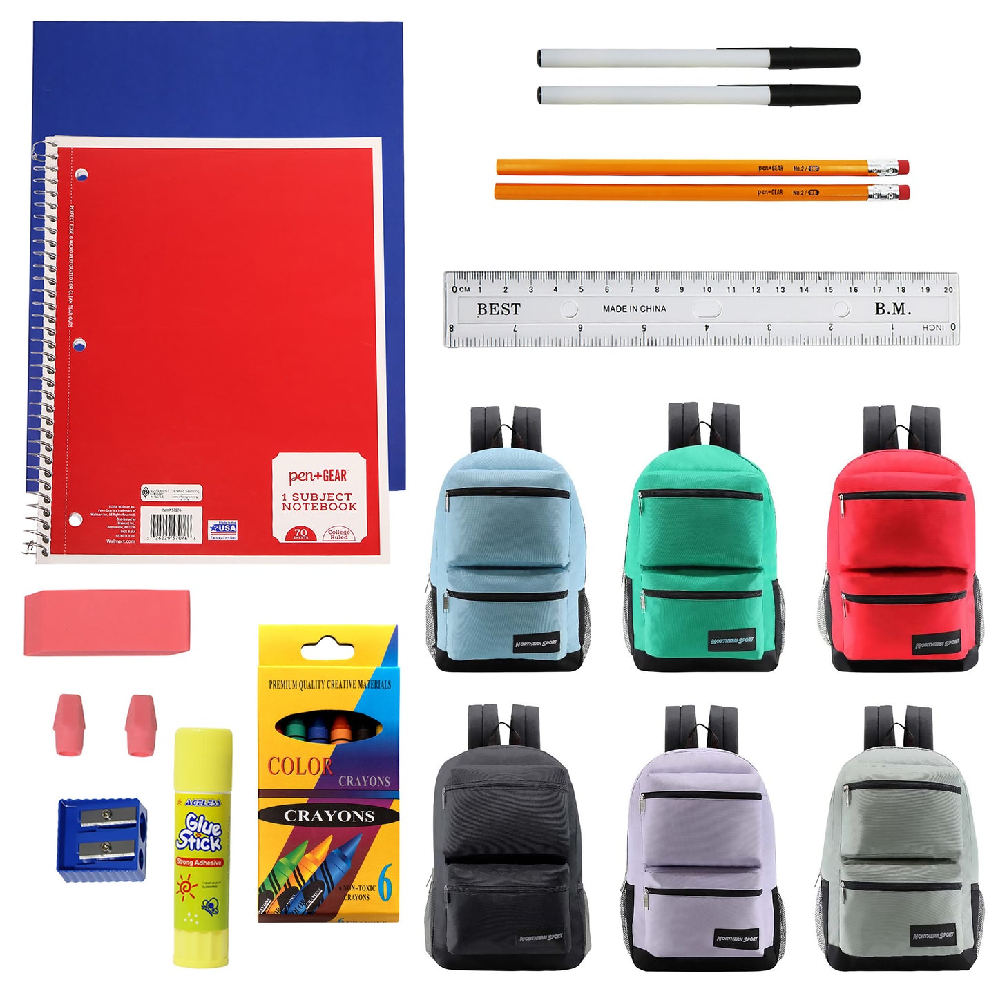 17" 3 Compartment Deluxe Wholesale Backpacks & 12 Bulk School Supply Kits | Choose Your Kit