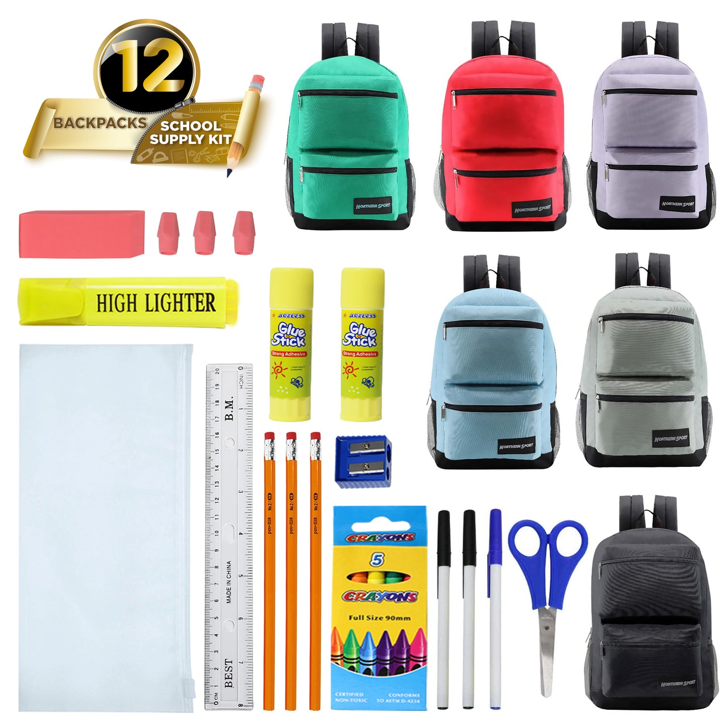 17" 3 Compartment Deluxe Wholesale Backpacks & 12 Bulk School Supply Kits | Choose Your Kit