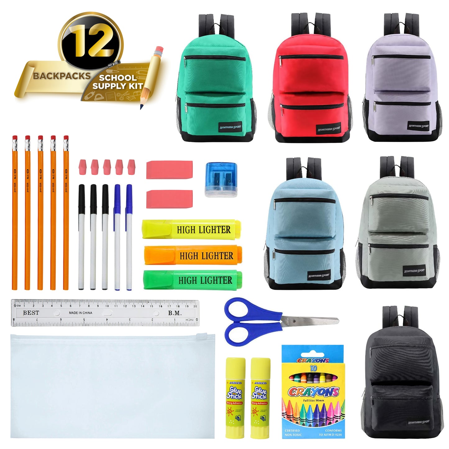 Bulk Kits with School Supplies & 17" Premium Backpacks in 6 Colors