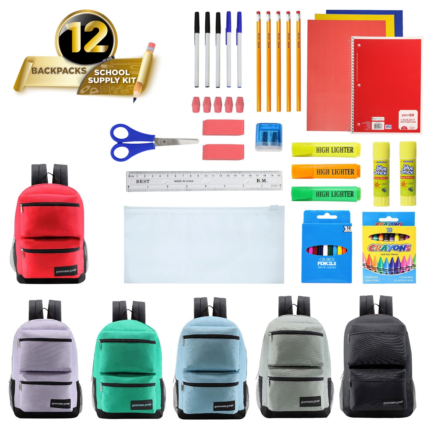 17" 3 Compartment Deluxe Wholesale Backpacks & 12 Bulk School Supply Kits | Choose Your Kit