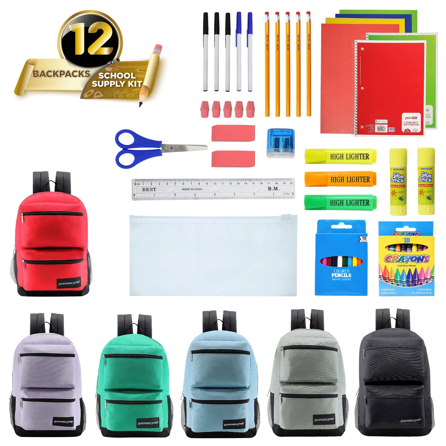 17" 3 Compartment Deluxe Wholesale Backpacks & 12 Bulk School Supply Kits | Choose Your Kit