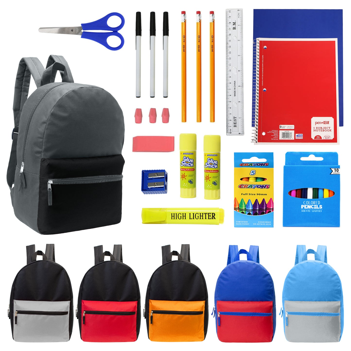 17" Multi Color Wholesale Backpacks for Boys & 12 Bulk School Supply Kits | Choose Your Kit