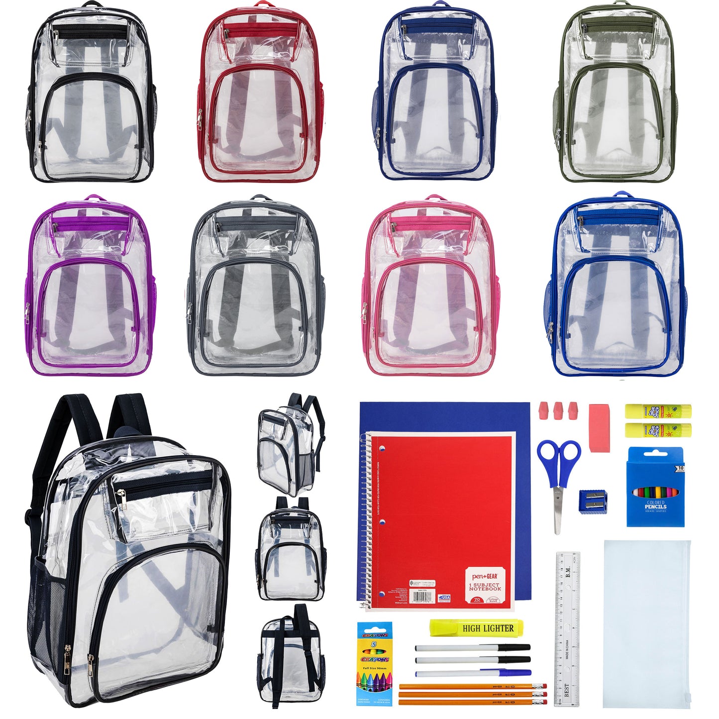 12 Deluxe 17"Clear Wholesale Backpacks in Assorted Colors & 12 Bulk School Supply Kits | Choose Your Kit