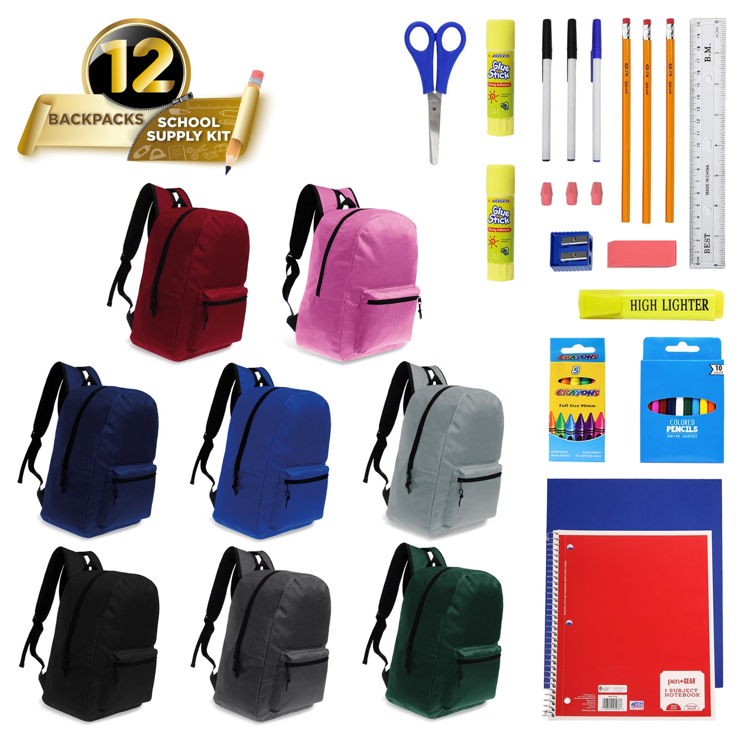 15" Basic Wholesale Solid Color Backpacks for Kids & 12 Bulk School Supply Kits | Choose Your Kit