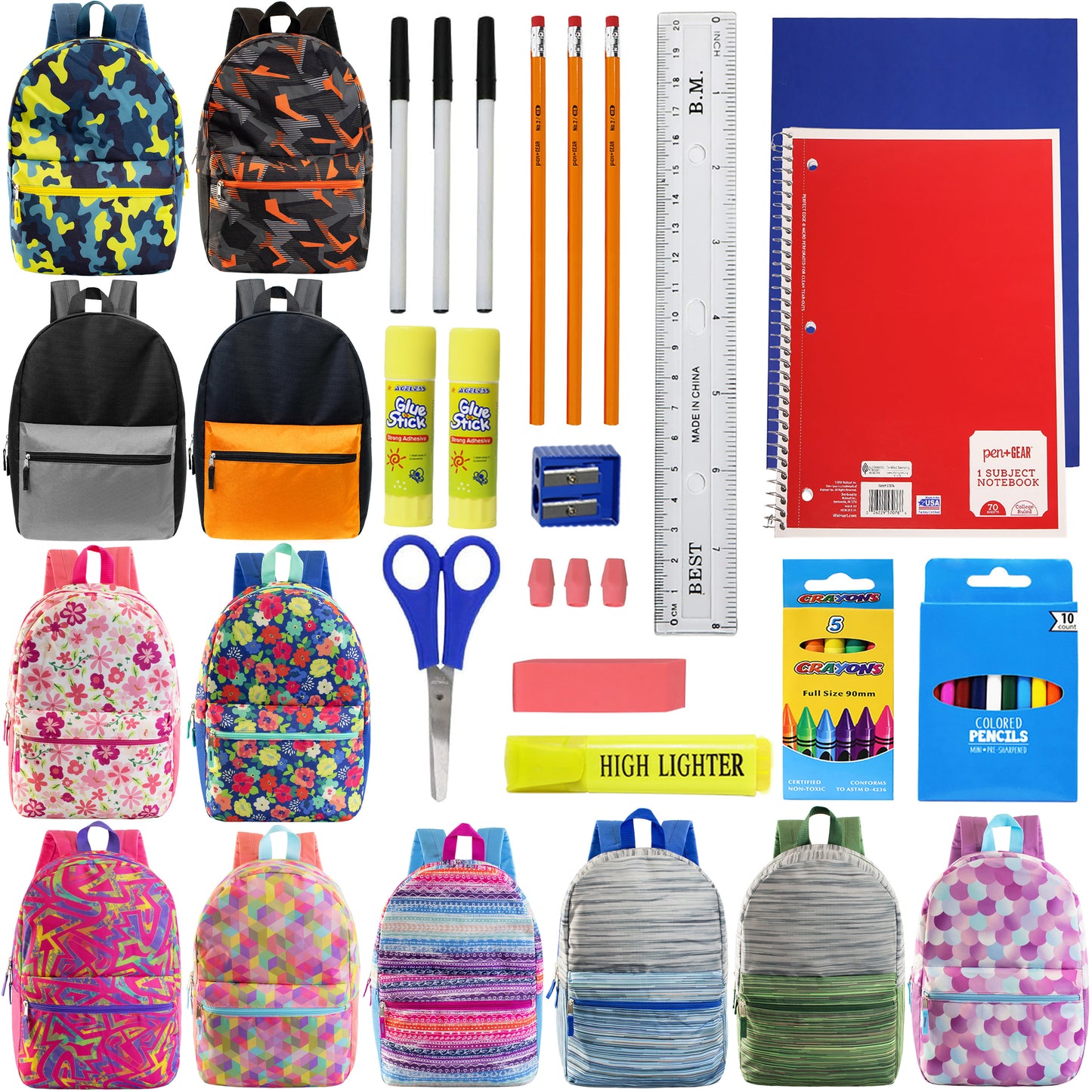 Patterned 17" Wholesale Backpacks in Assorted Prints & 12 Bulk School Supply Kits | Choose Your Kit