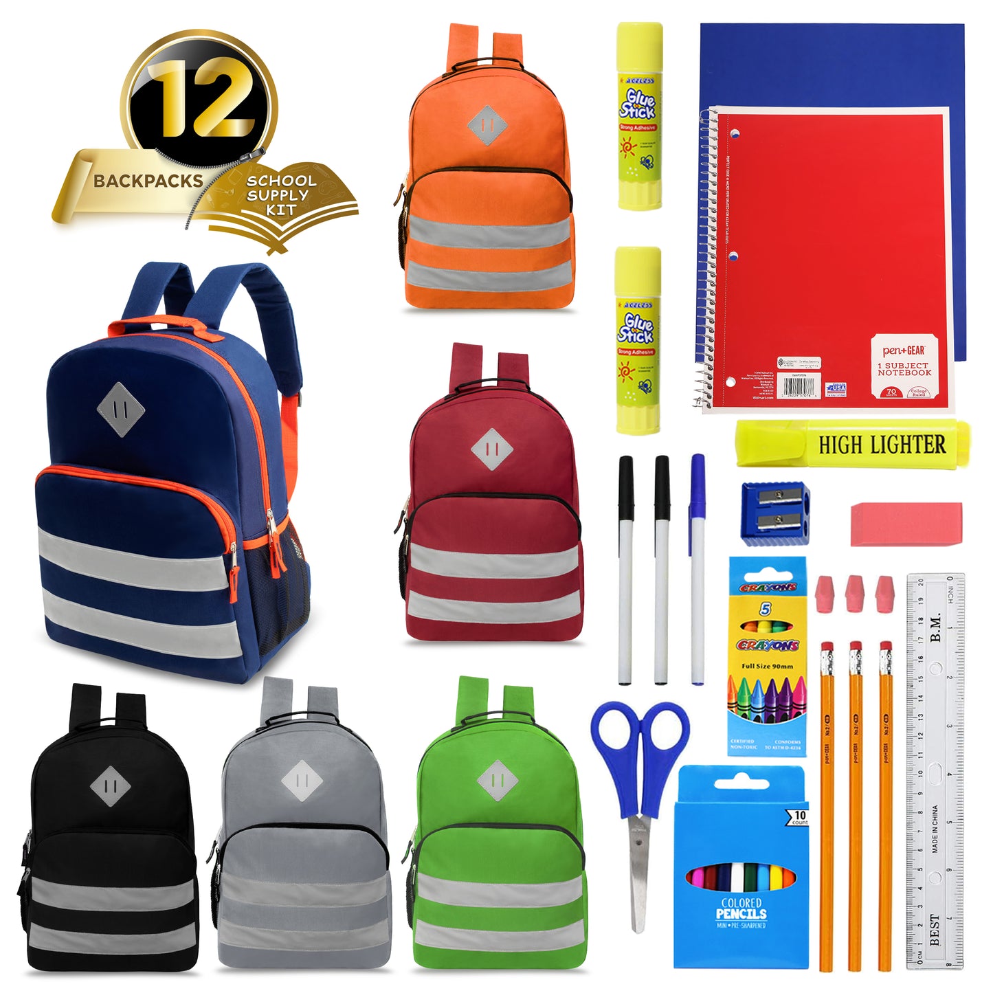 17" Reflective Stripe Wholesale Backpacks in 6 Colors & 12 Bulk School Supply Kits | Choose Your Kit