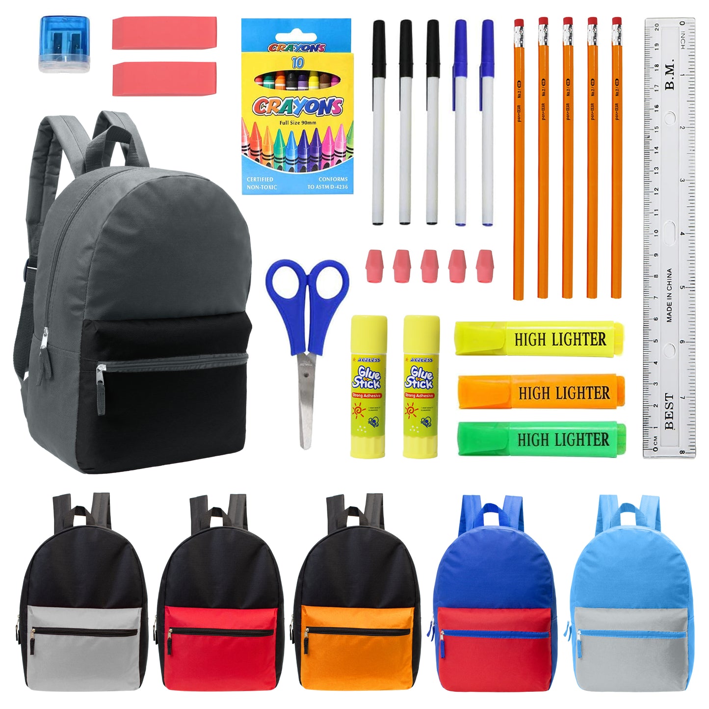 17" Multi Color Wholesale Backpacks for Boys & 12 Bulk School Supply Kits | Choose Your Kit