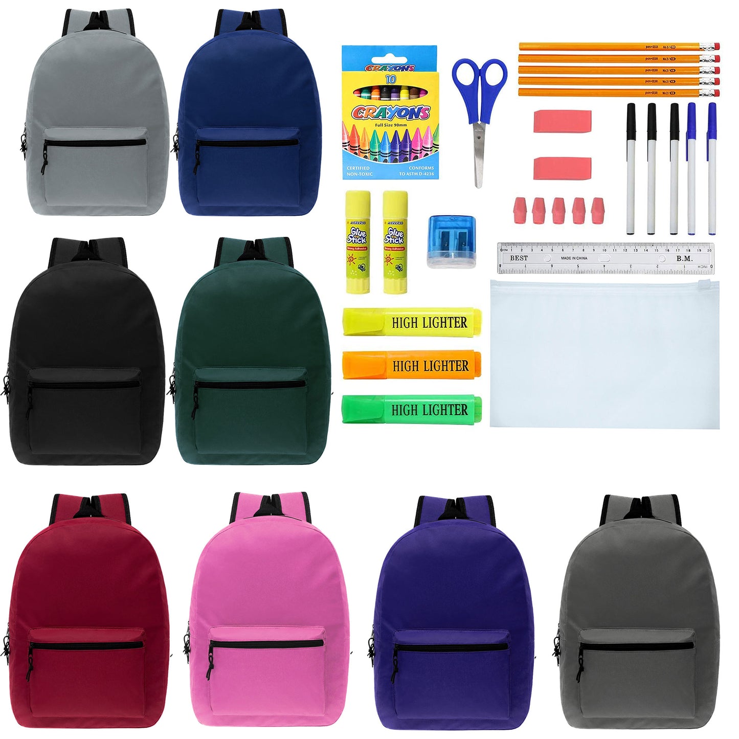 15" Basic Wholesale Solid Color Backpacks for Kids & 12 Bulk School Supply Kits | Choose Your Kit