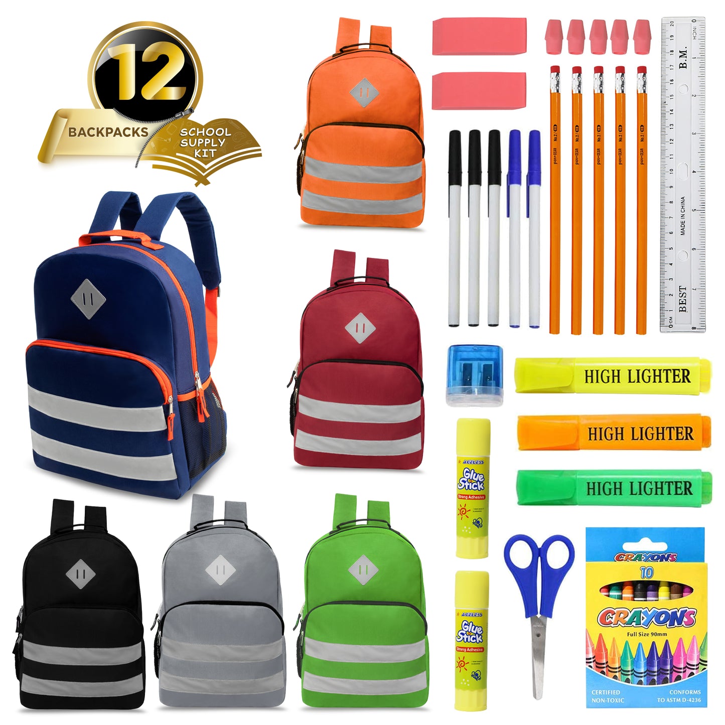 17" Reflective Stripe Wholesale Backpacks in 6 Colors & 12 Bulk School Supply Kits | Choose Your Kit
