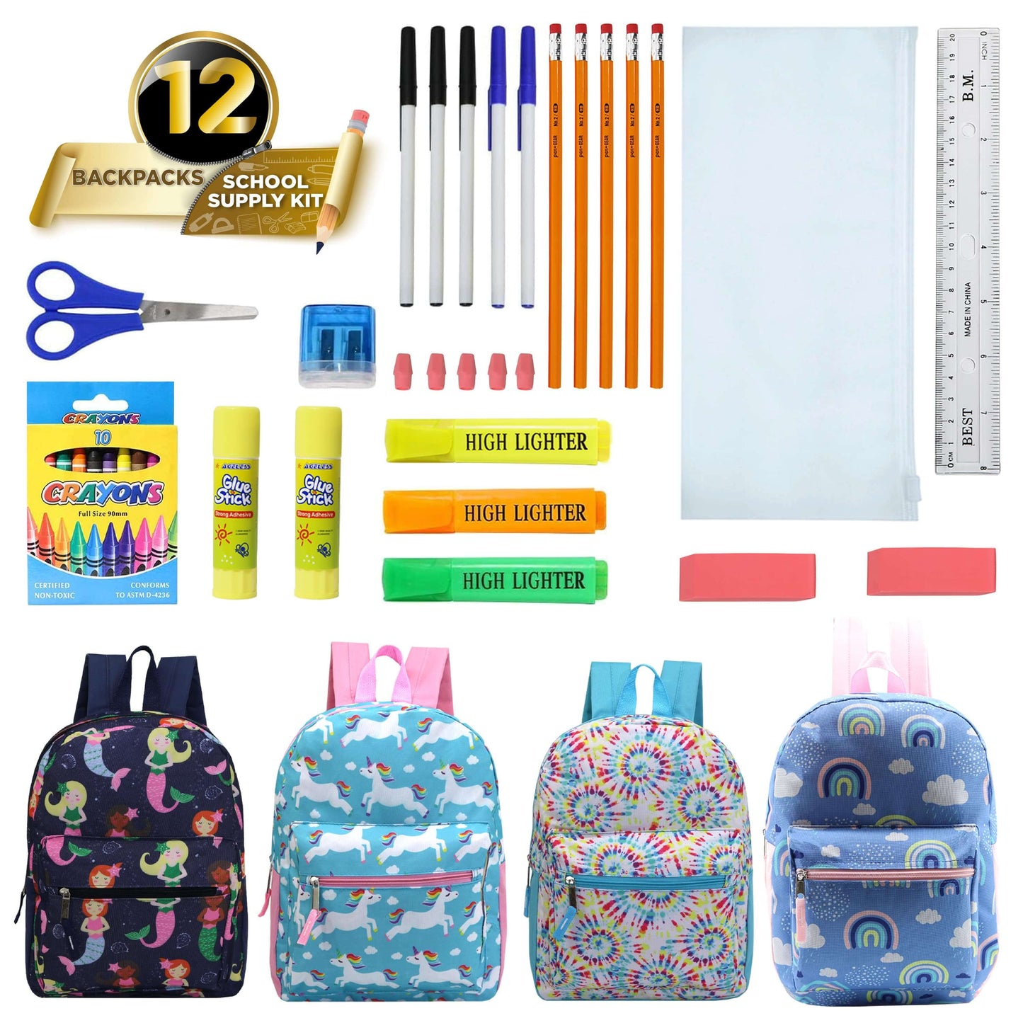 15" Girls Patterned Elementary School Wholesale Backpacks & 12 Bulk School Supply Kits | Choose Your Kit
