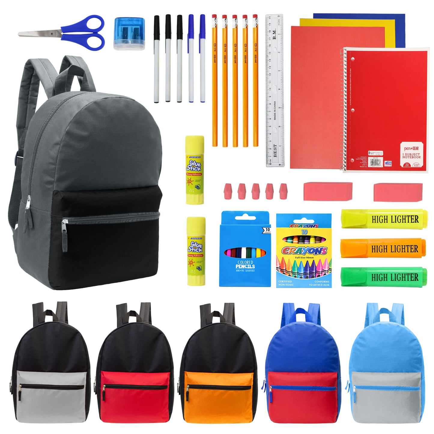 17" Multi Color Wholesale Backpacks for Boys & 12 Bulk School Supply Kits | Choose Your Kit