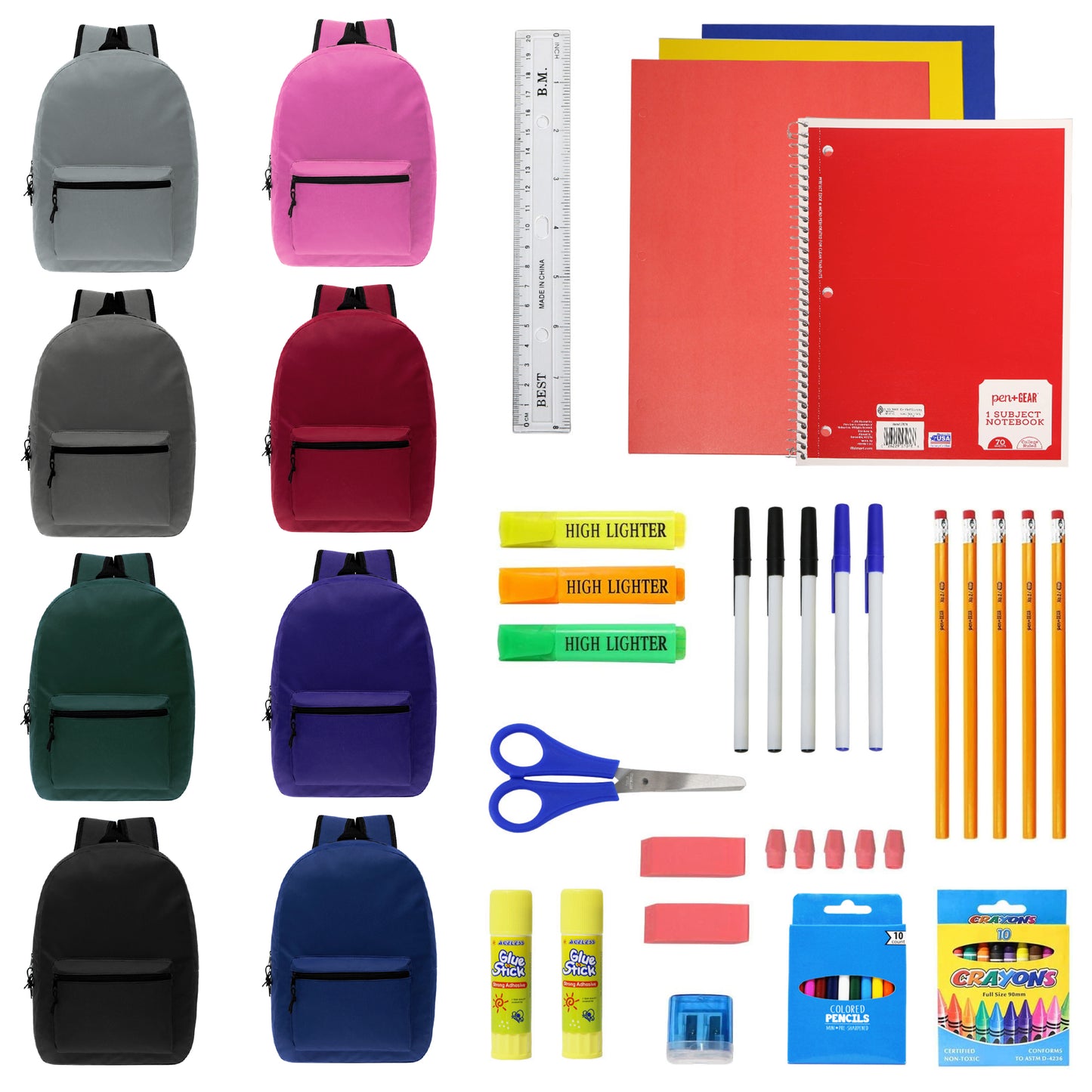 15" Basic Wholesale Solid Color Backpacks for Kids & 12 Bulk School Supply Kits | Choose Your Kit