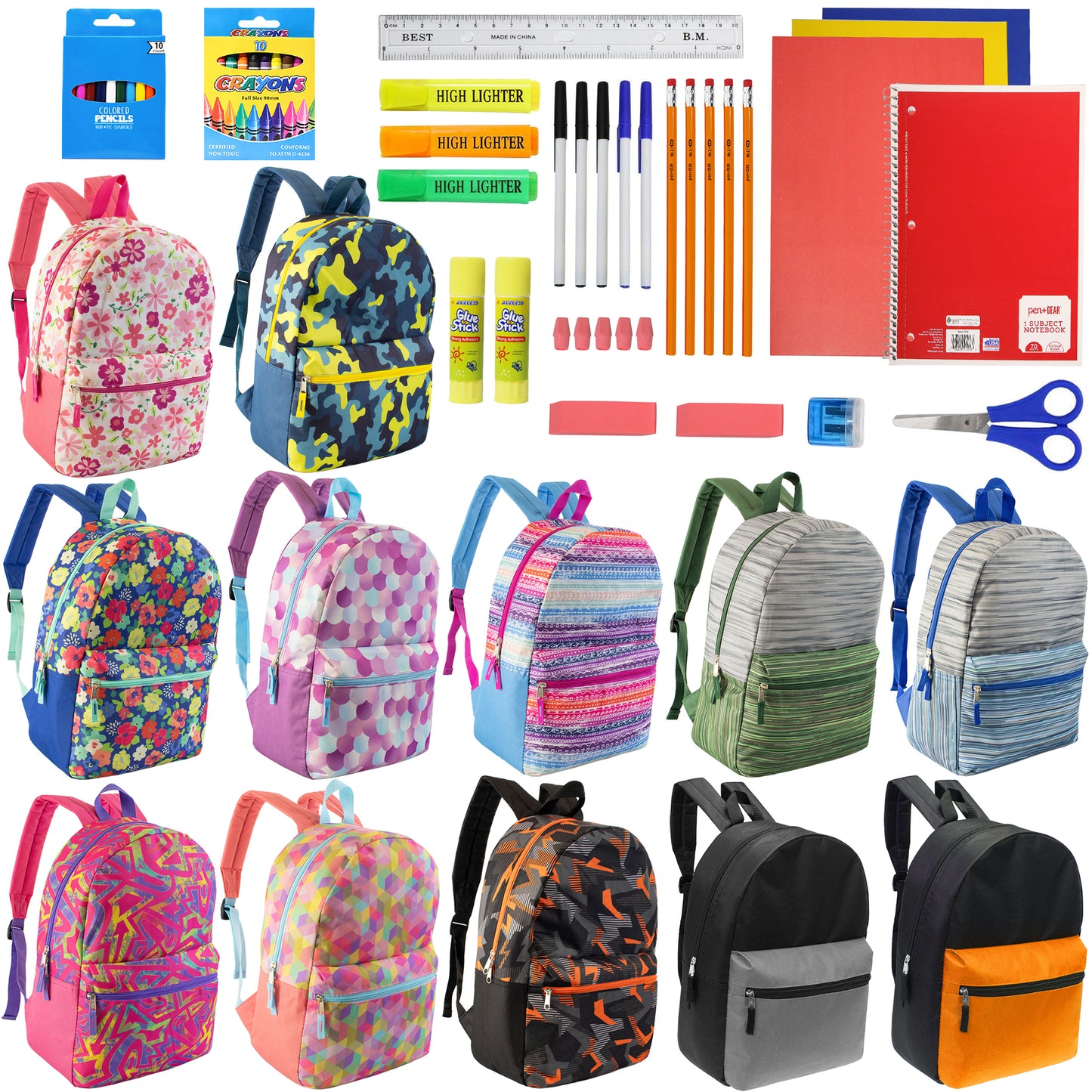 Patterned 17" Wholesale Backpacks in Assorted Prints & 12 Bulk School Supply Kits | Choose Your Kit