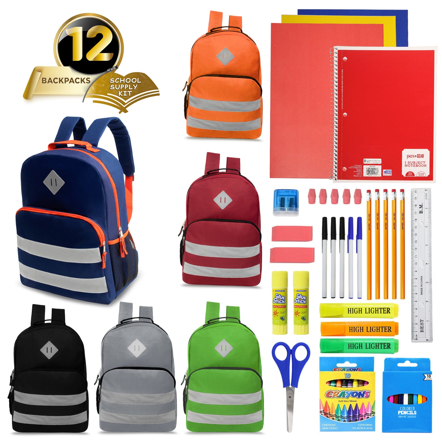 17" Reflective Stripe Wholesale Backpacks in 6 Colors & 12 Bulk School Supply Kits | Choose Your Kit
