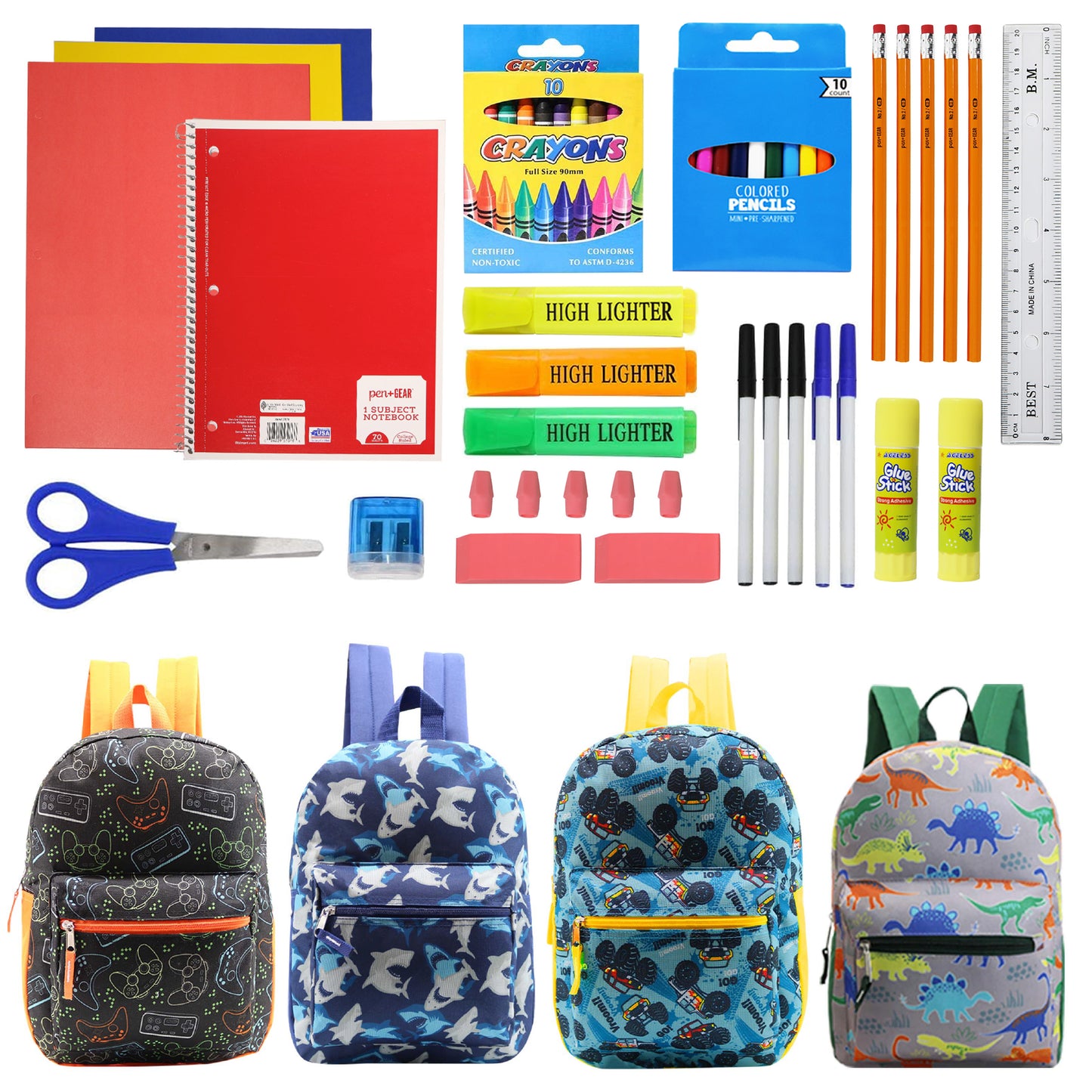 15" Boys Patterned Elementary School Wholesale Backpacks & 12 Bulk School Supply Kits | Choose Your Kit