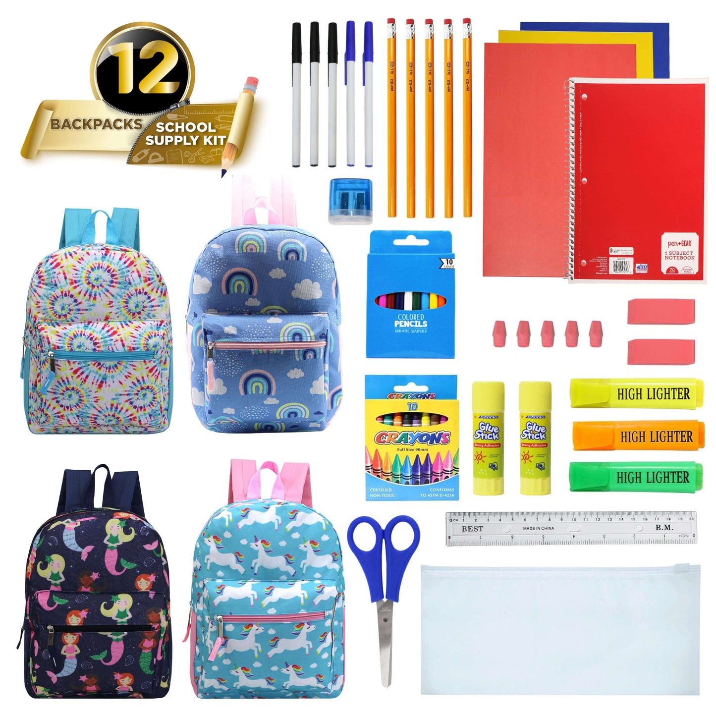 15" Girls Patterned Elementary School Wholesale Backpacks & 12 Bulk School Supply Kits | Choose Your Kit
