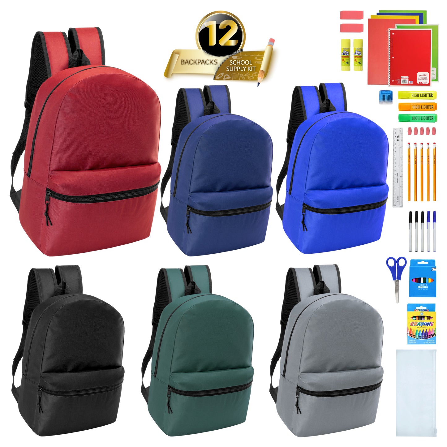 12 Basic 18.5" Wholesale Backpacks in 6 Colors & 12 Bulk School Supply Kits | Choose Your Kit