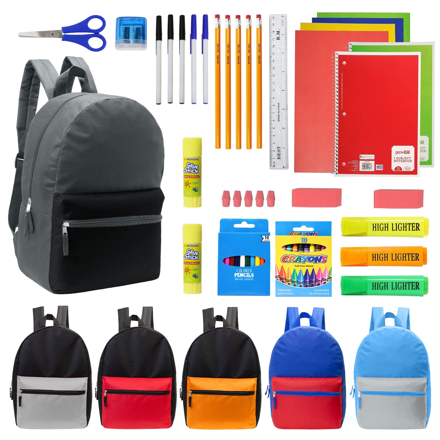 17" Multi Color Wholesale Backpacks for Boys & 12 Bulk School Supply Kits | Choose Your Kit
