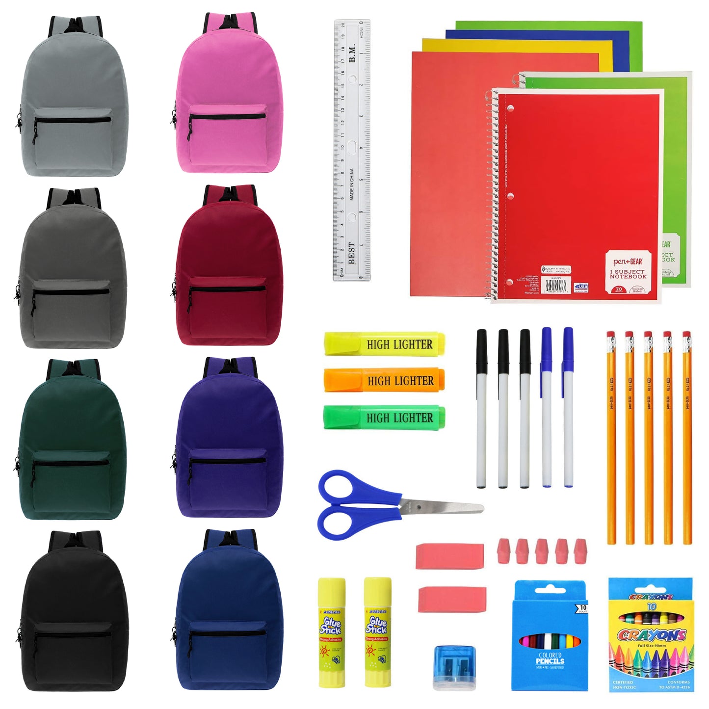 15" Basic Wholesale Solid Color Backpacks for Kids & 12 Bulk School Supply Kits | Choose Your Kit