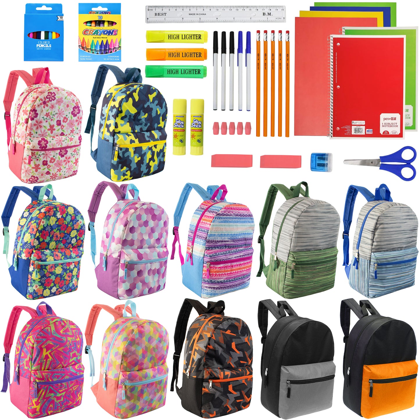 Patterned 17" Wholesale Backpacks in Assorted Prints & 12 Bulk School Supply Kits | Choose Your Kit