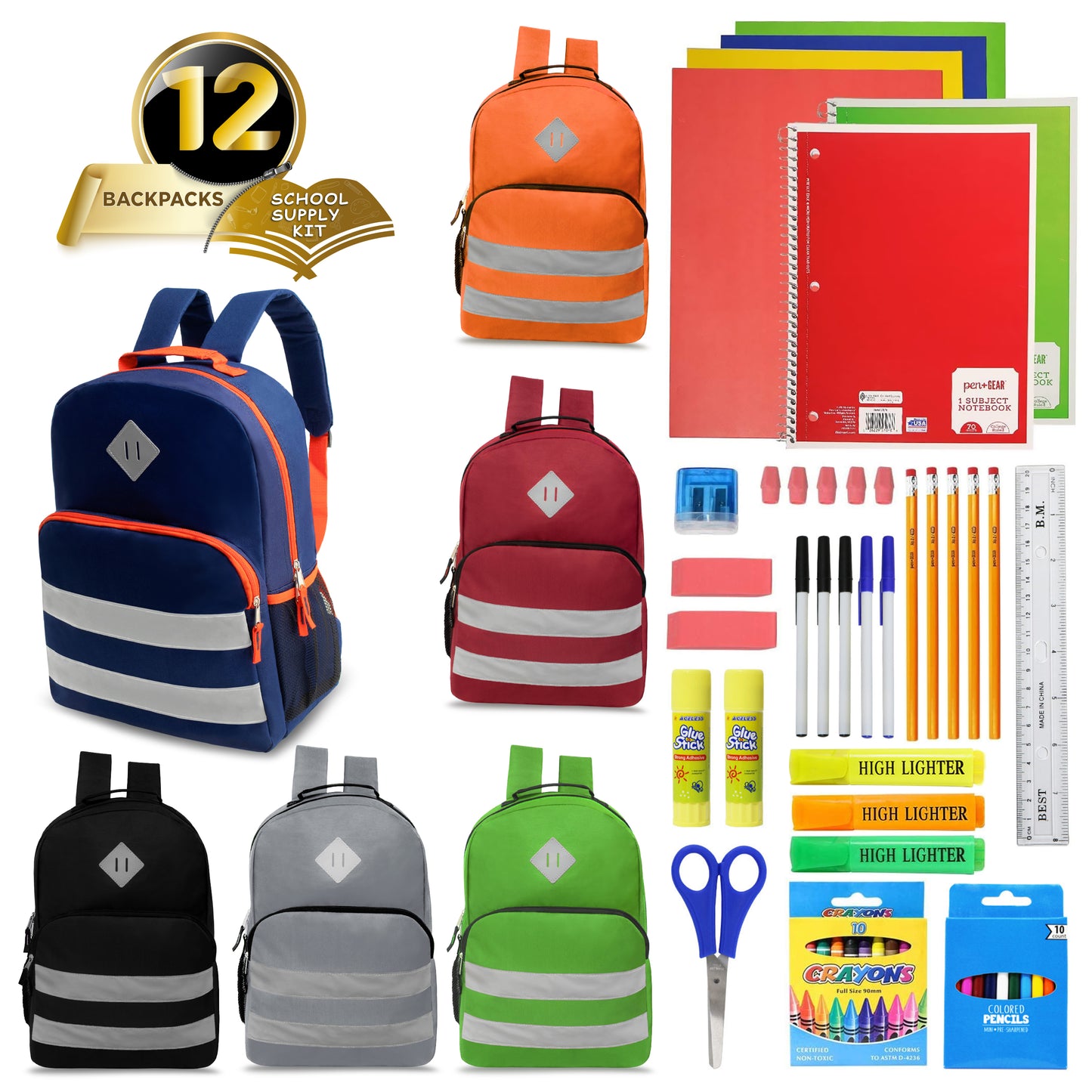 17" Reflective Stripe Wholesale Backpacks in 6 Colors & 12 Bulk School Supply Kits | Choose Your Kit