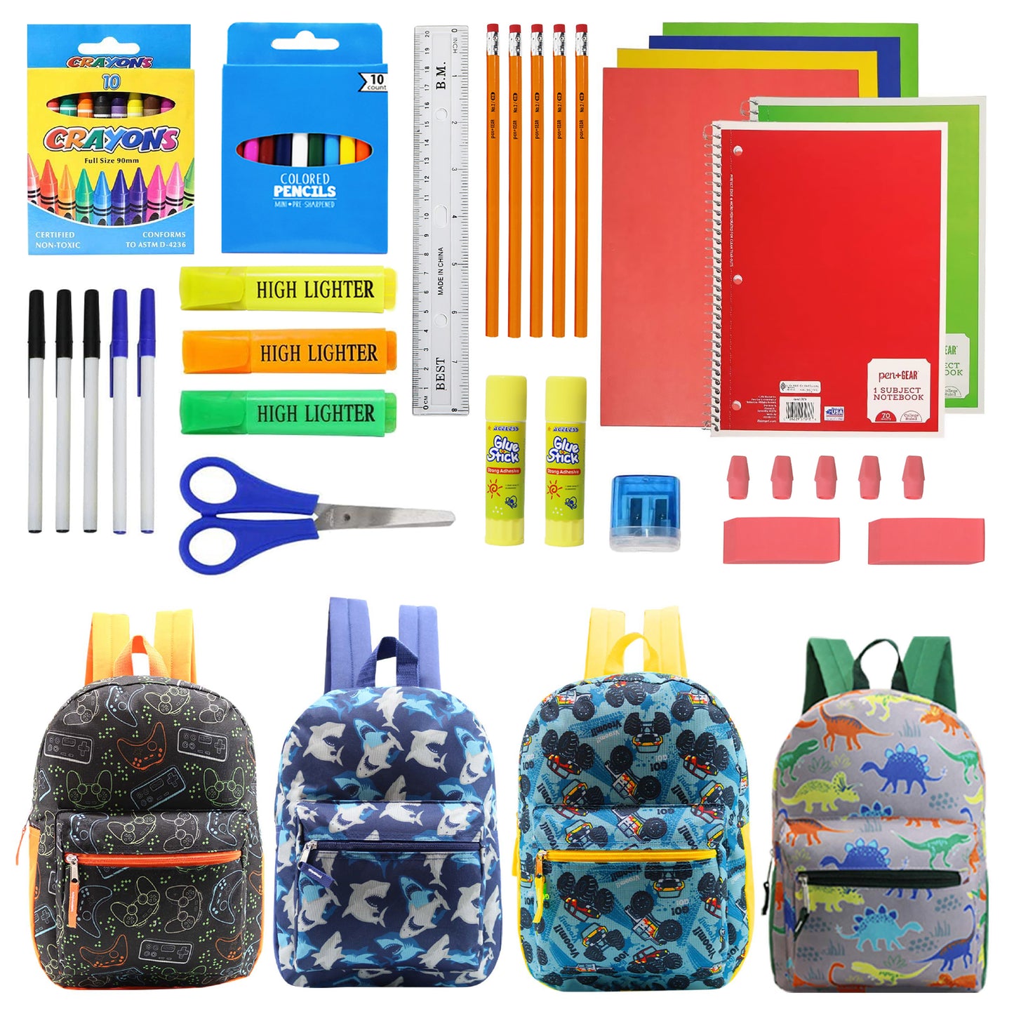 15" Boys Patterned Elementary School Wholesale Backpacks & 12 Bulk School Supply Kits | Choose Your Kit