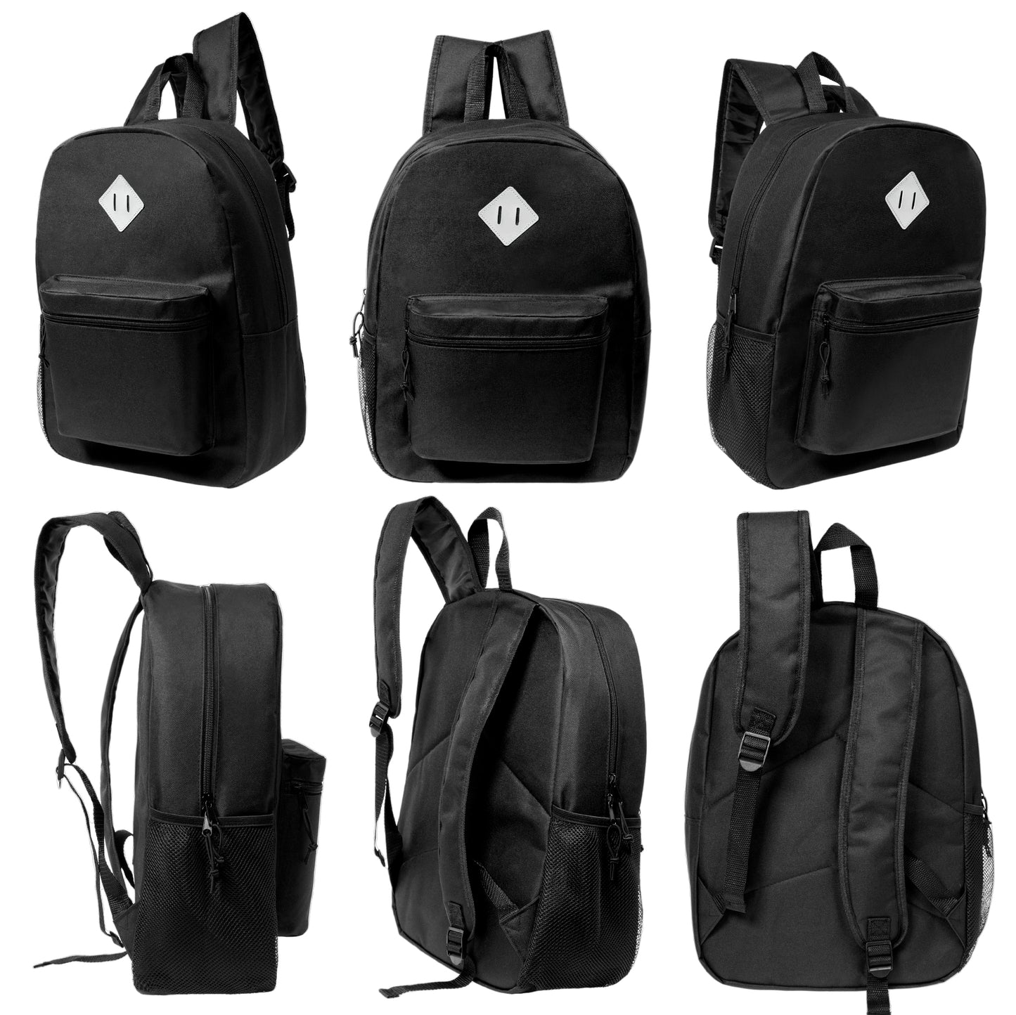 12 Black 17" Padded Back Wholesale Backpacks & 12 Bulk School Supply Kits | Choose Your Kit