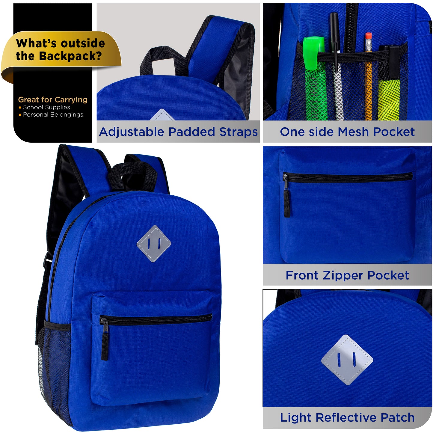17" Diamond Patch Padded Wholesale Backpacks in 11 Colors - Bulk Case of 24 ($7.25 / UNIT - ITEM: DWBP-292-24)