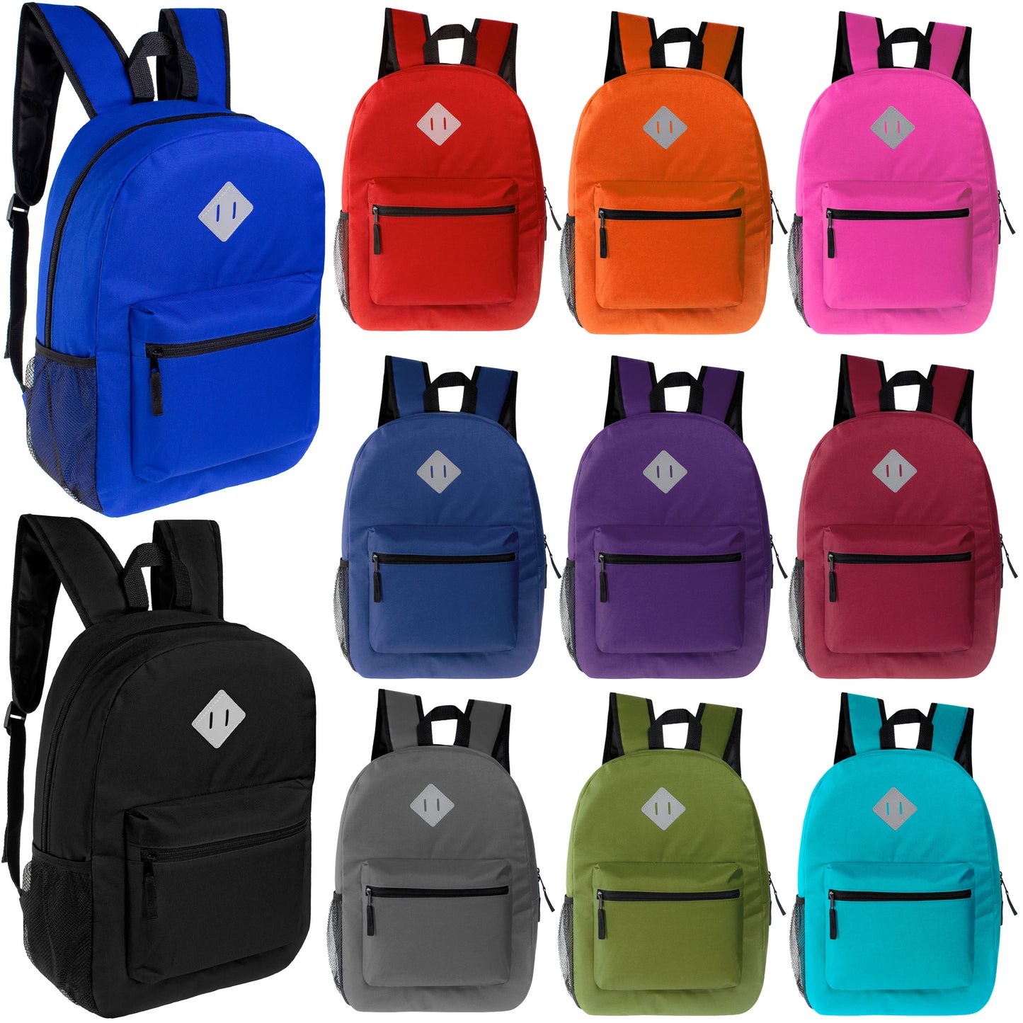 17" Diamond Patch Padded Wholesale Backpacks in 11 Colors - Bulk Case of 24 ($7.25 / UNIT - ITEM: DWBP-292-24)