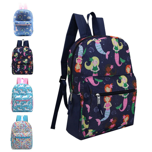 15" Kids Patterned Wholesale Backpacks in Girls Prints - Bulk Case of 24 ($6.40 / UNIT - ITEM: DWBP-153-24)