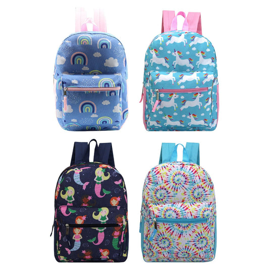 15" Kids Patterned Wholesale Backpacks in Girls Prints - Bulk Case of 24 ($6.40 / UNIT - ITEM: DWBP-153-24)