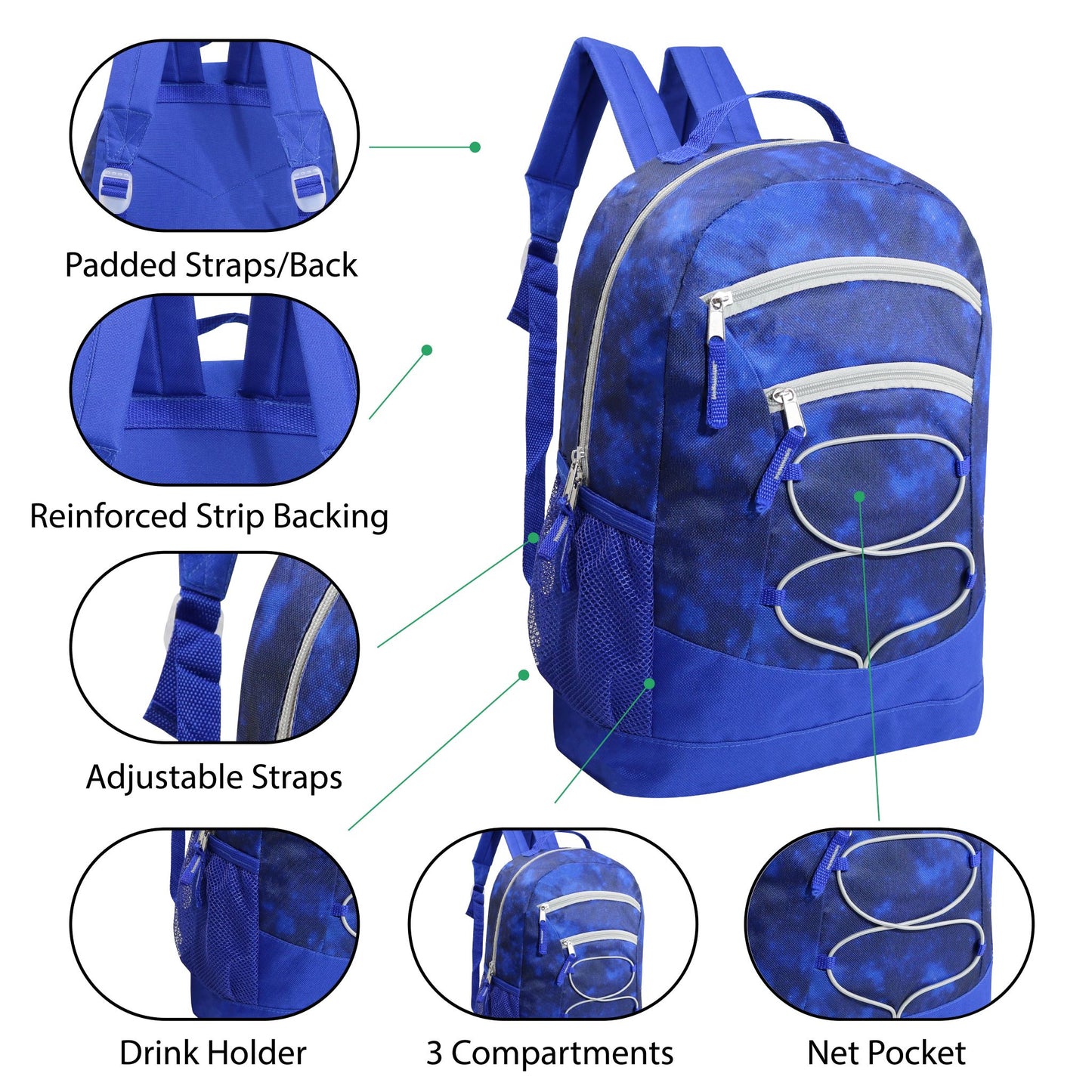 17" Bungee Wholesale Backpacks in 8 Assorted Colors - Bulk Case of 24 ($9.50 / UNIT - ITEM: DWBP-197-24)