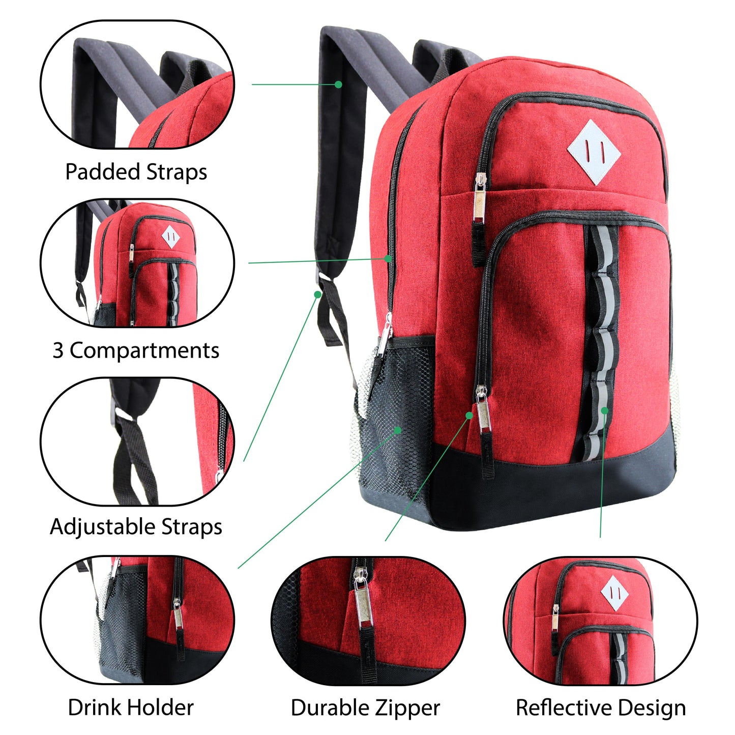 18" Wholesale Backpack with 3 Compartments in 6 Colors - Bulk Case of 24 ($10.50 / UNIT - ITEM: DWBP-205-24)